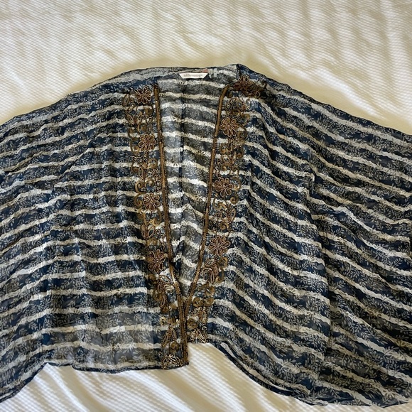 Soft Surroundings Sheer Navy Stripe Gold Beaded sequin cardigan top - Picture 3 of 8